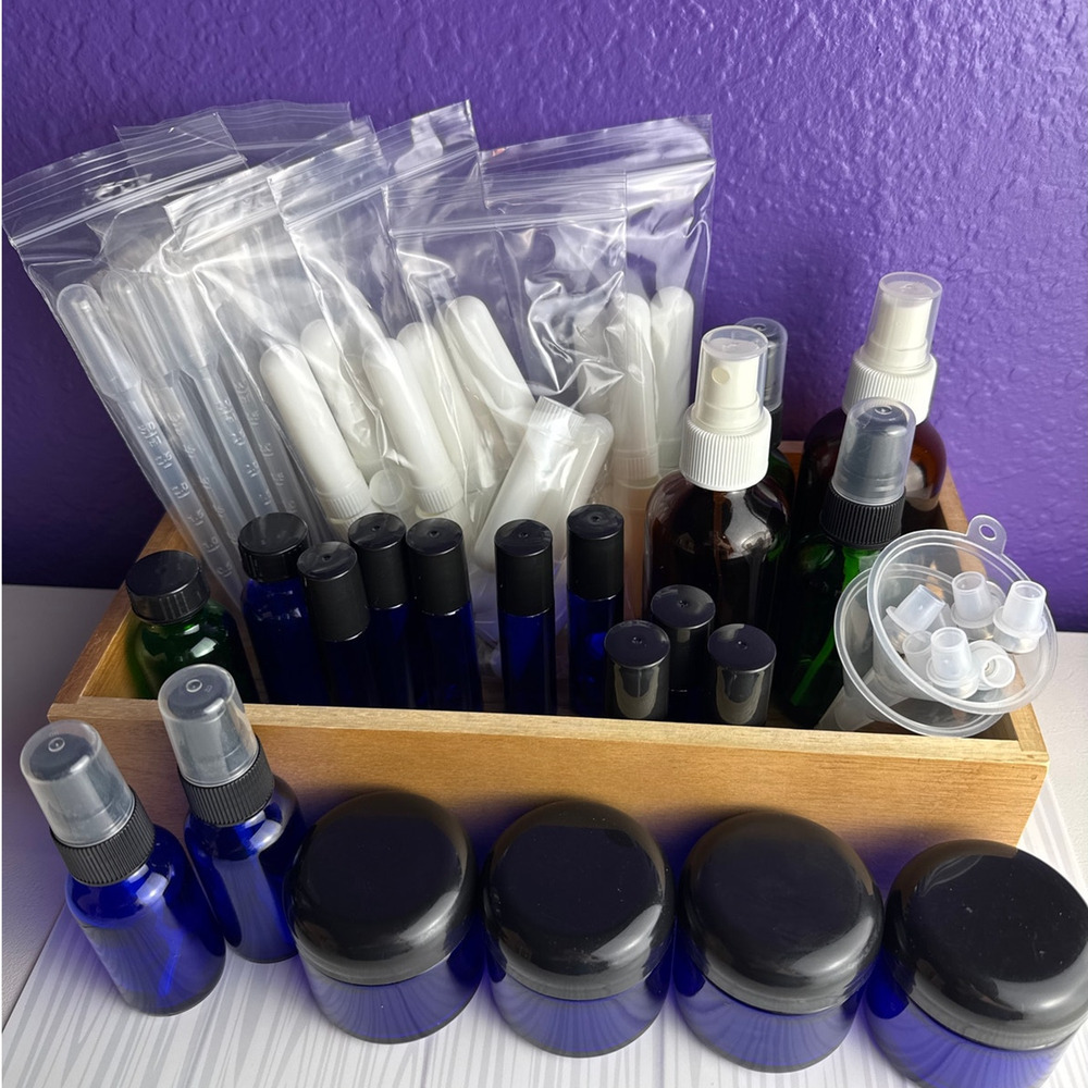 HUGE DIY Essential Oil Supplies Lot Roller Bottles Inhalers Blue Jars Spray NEW